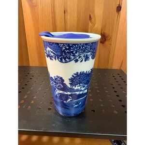 Spode Italian Blue White Ceramic Travel Mug 5.25" Tumbler Lid C1816-A22